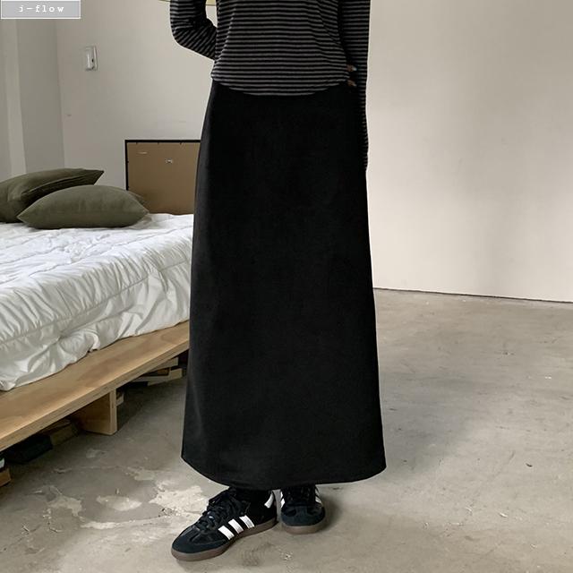 론치 스웨이드 뒷밴딩 H라인 맥시 롱 스커트 2col 가을 봄 뒷트임 스판 제이플로우 - 상품 이미지