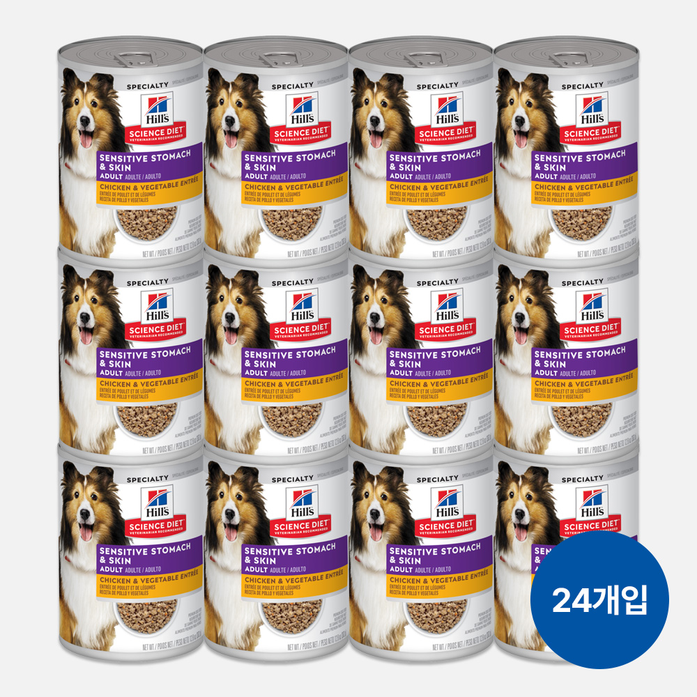 힐스 강아지사료 어덜트 센서티브 스토막 앤 스킨 치킨 앙트레 주식캔 363g x 24개