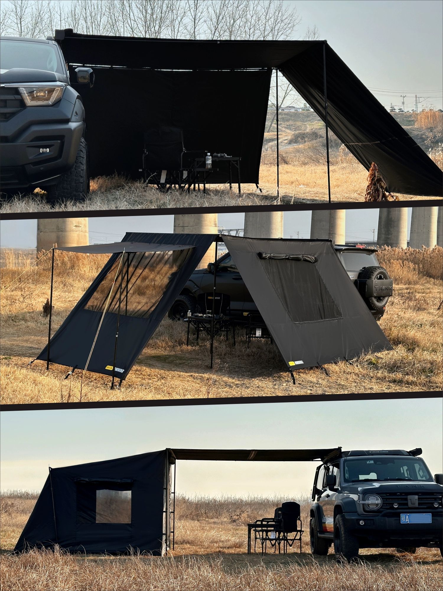 어닝사이드윌 차량용 렉타타프 어닝 캠핑카 자동차 올블랙 원단 1.25x2M 측면 캐노피 - 상세 이미지 3