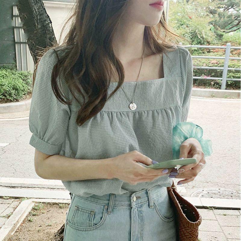 여름 반팔 퍼프소매 스퀘거넥 여성 하객룩 출근룩 블라우스 셔링 루즈핏 상의 티셔츠  민트그린 S - 상세 이미지 2