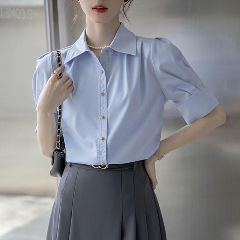 퍼프 소매 반팔셔츠 러블리 하객룩 오픈카라 여름용 루즈핏 브이넥 흰색 여성셔츠 화이트 S - 상세 이미지 2