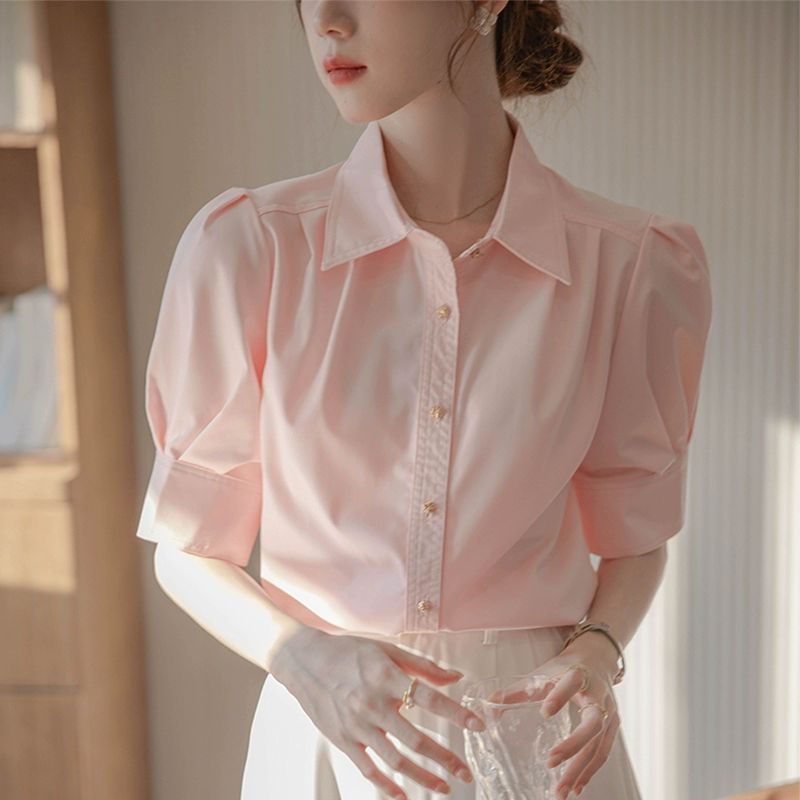 퍼프 소매 반팔셔츠 러블리 하객룩 오픈카라 여름용 루즈핏 브이넥 흰색 여성셔츠 화이트 S - 상세 이미지 4