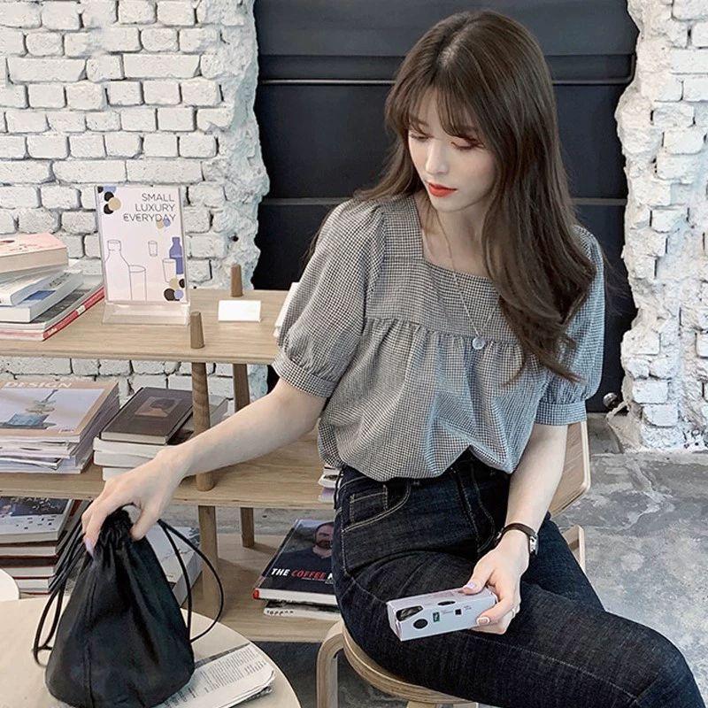 여름 반팔 퍼프소매 스퀘거넥 여성 하객룩 출근룩 블라우스 셔링 루즈핏 상의 티셔츠  민트그린 S - 상세 이미지 3