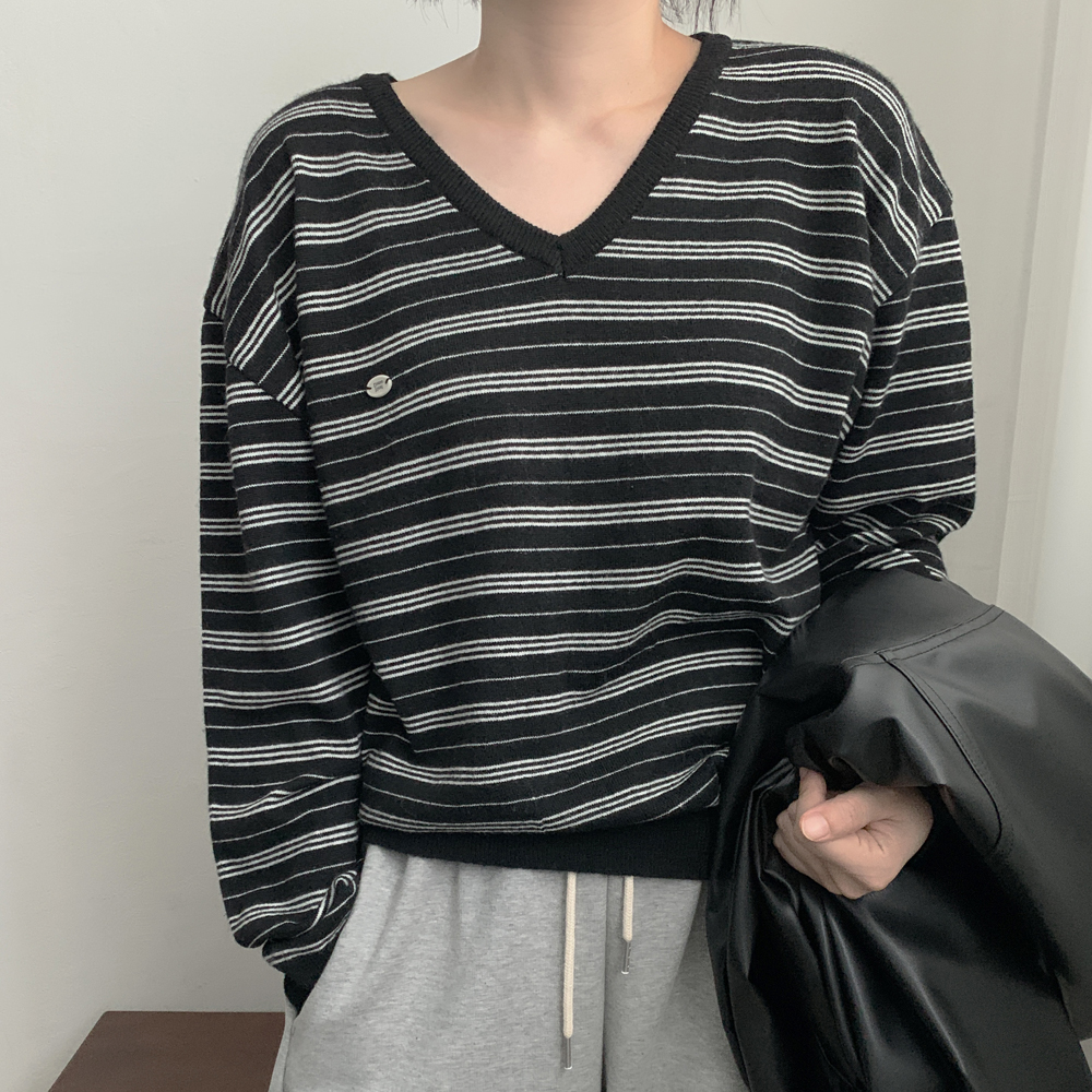 울 브이넥 스트라이프 니트 이미지 7