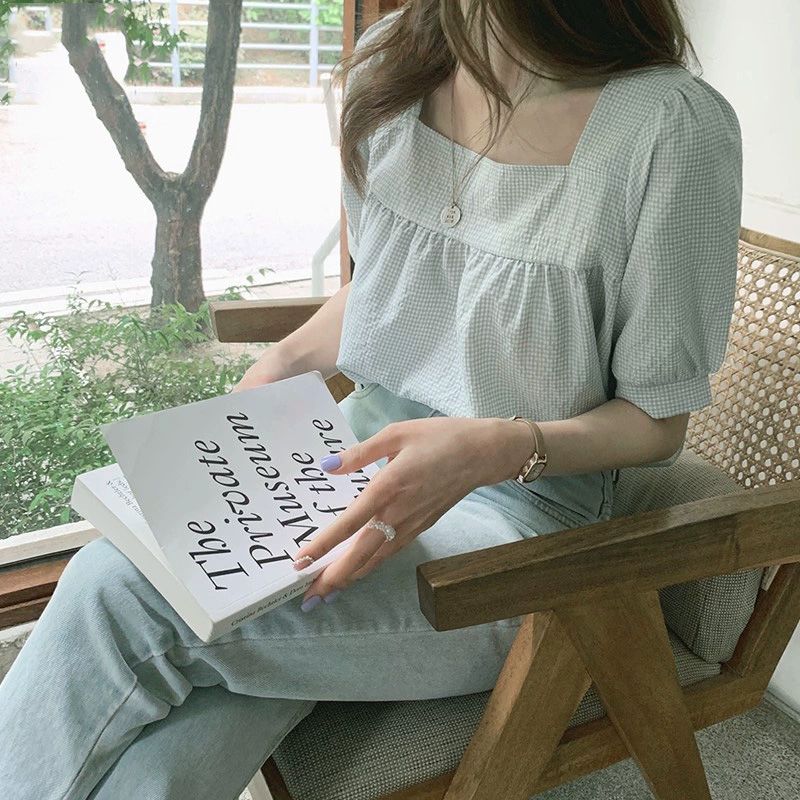 여름 반팔 퍼프소매 스퀘거넥 여성 하객룩 출근룩 블라우스 셔링 루즈핏 상의 티셔츠  민트그린 S - 상세 이미지 5