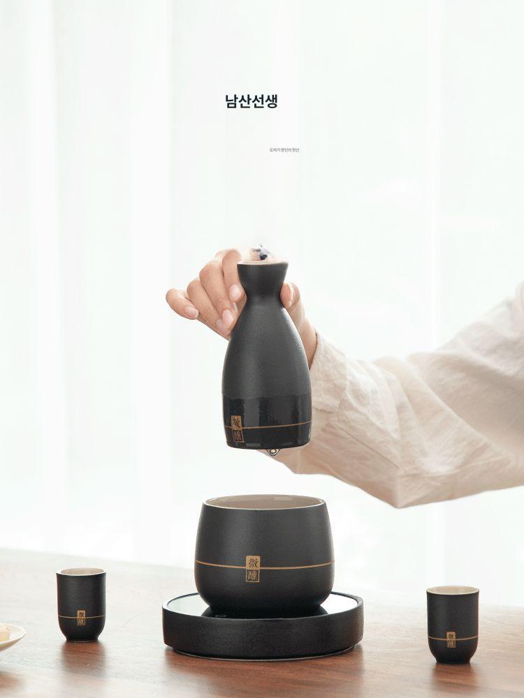 사케 보온 도쿠리 업소용 주전자 청주 이자카야 혼술 다도 도자기 중탕기 술병 와인 일본술 4잔+블랙 세라믹 온주기 6개 세트 - 상세 이미지 2