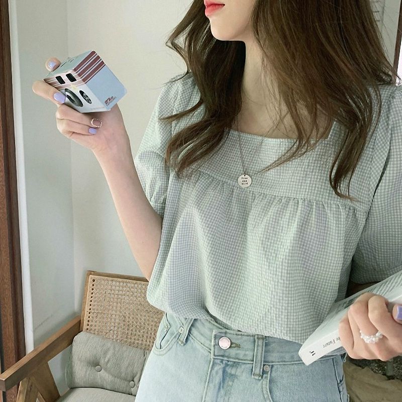 여름 반팔 퍼프소매 스퀘거넥 여성 하객룩 출근룩 블라우스 셔링 루즈핏 상의 티셔츠  민트그린 S - 상세 이미지 4