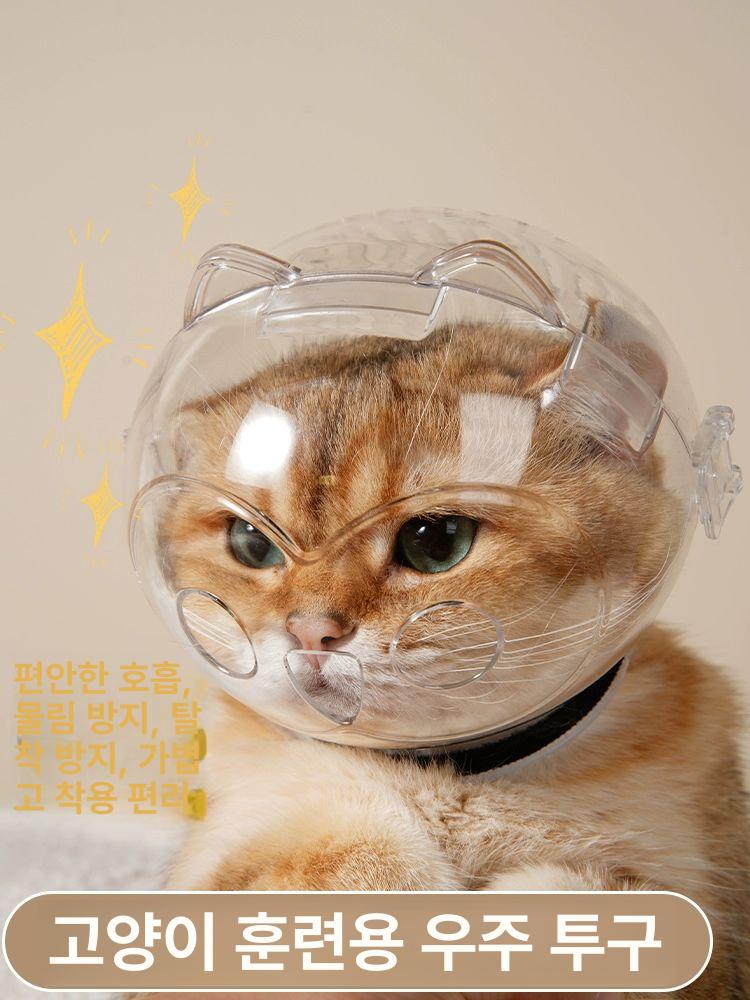 고양이 헬멧 물림방지 투명 핥기 방지 헤드기어 손톱깎기 목욕 반려묘 미용 애견 고양이 귀 우주 후드 M사이즈 클립형 - 상세 이미지 2