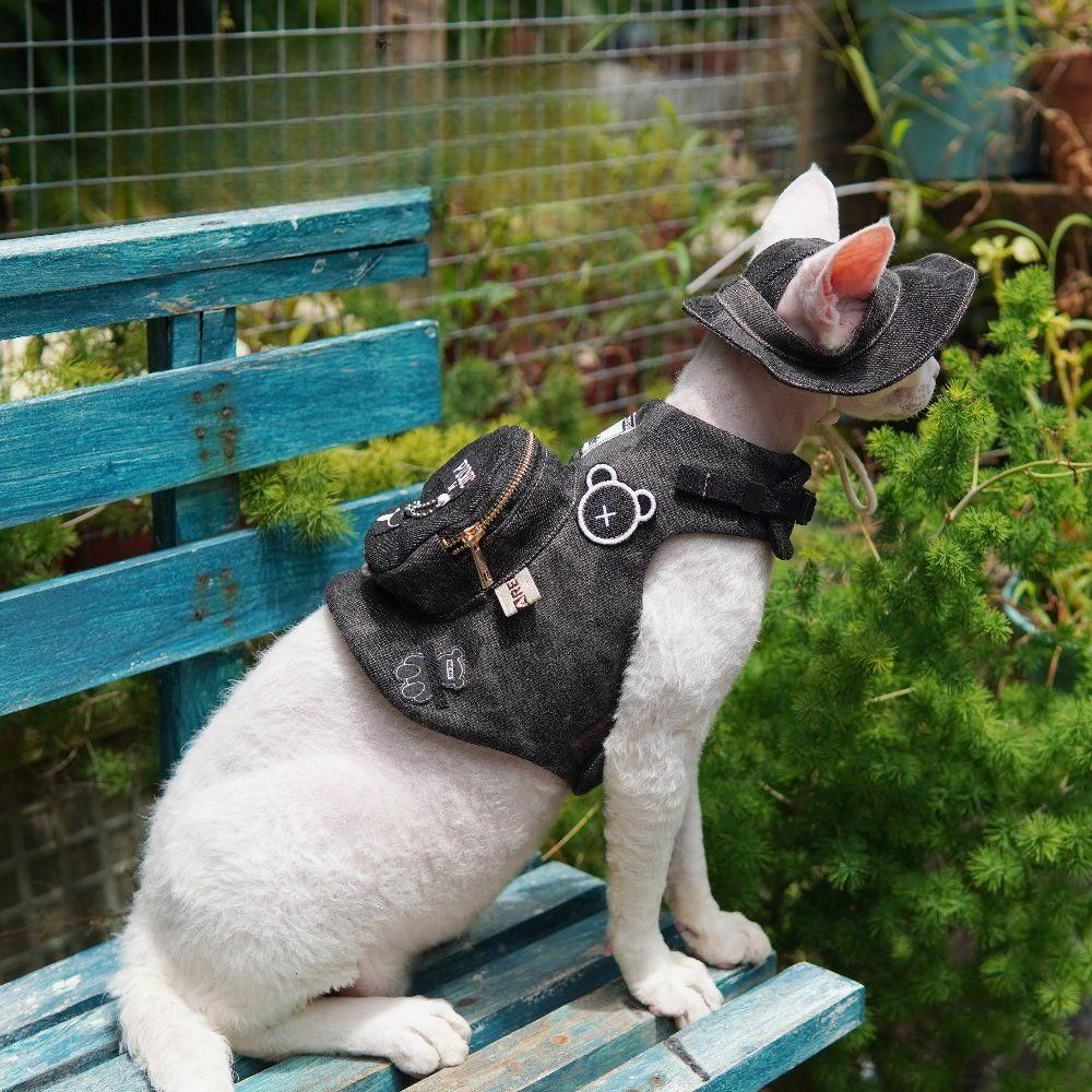 애완묘 고양이 데님 하네스 모자 목줄 세트 산책옷 하프 조끼 캠핑 산책 - 상세 이미지 4