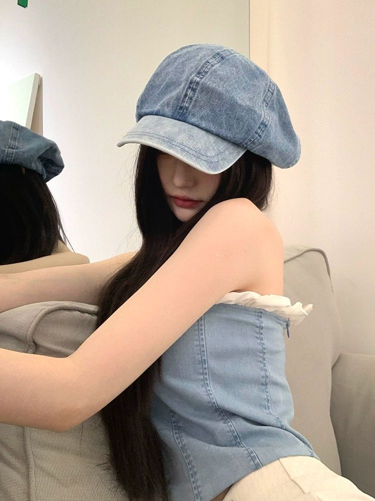 데님 베레모 대형 워싱 복고풍 빵모자 팔각형 사계절 대두 헌팅캡 청모자 여성용 진청 힙한 라이트데님블루 클라우드 프리사이즈 55-59cm - 상품 이미지