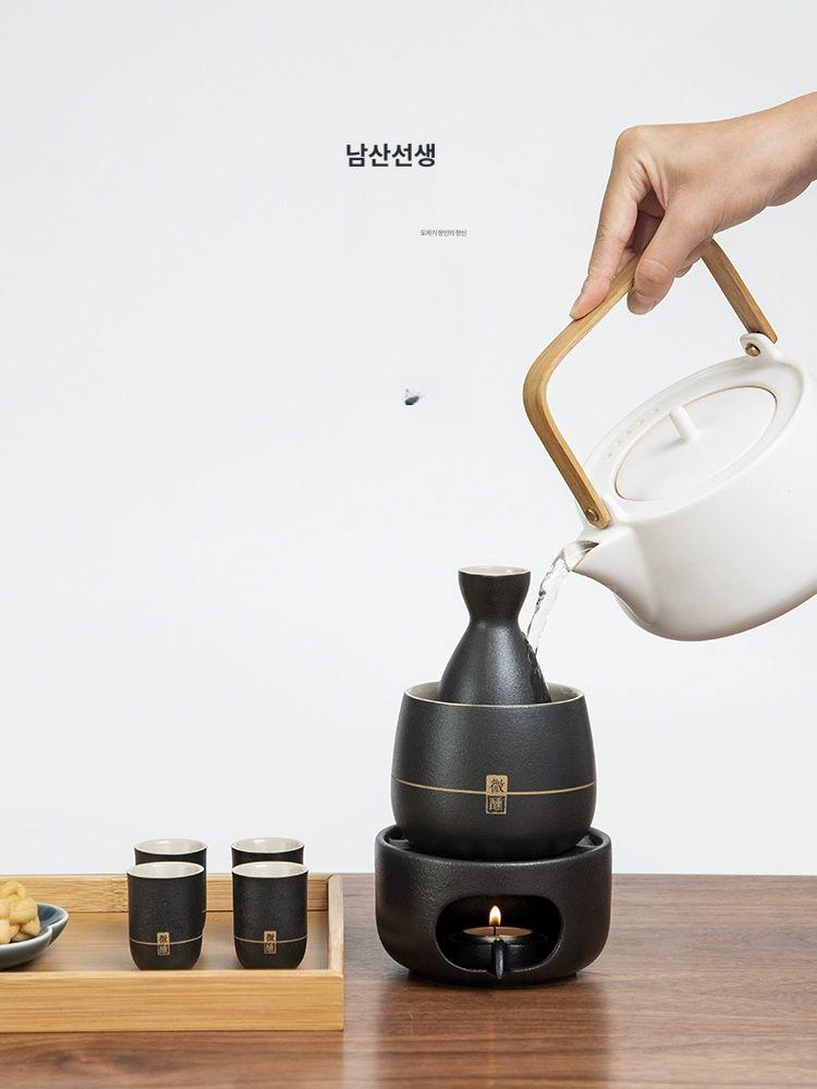 사케 보온 도쿠리 업소용 주전자 청주 이자카야 혼술 다도 도자기 중탕기 술병 와인 일본술 4잔+블랙 세라믹 온주기 6개 세트 - 상세 이미지 5