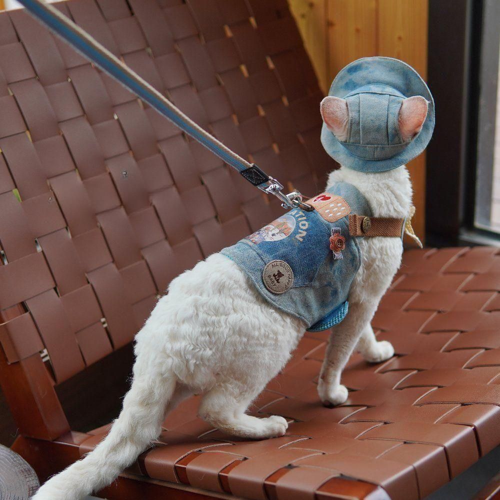 애완묘 고양이 데님 하네스 목줄 세트 산책옷 하프 조끼 캠핑 산책 - 상세 이미지 5