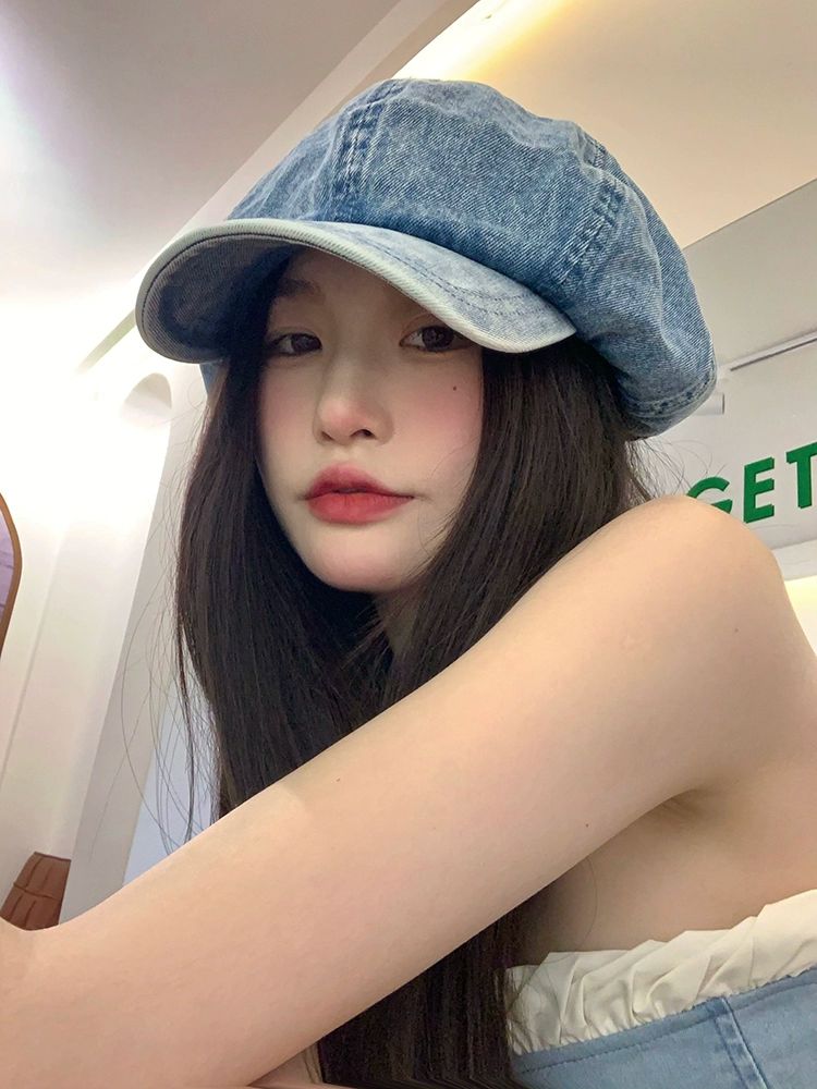 데님 베레모 대형 워싱 복고풍 빵모자 팔각형 사계절 대두 헌팅캡 청모자 여성용 진청 힙한 라이트데님블루 클라우드 프리사이즈 55-59cm - 상세 이미지 2