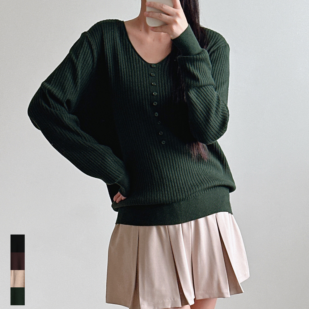 여성 브이넥니트 부드러운 루즈핏 골지 버튼 가을 블랙 브라운 베이지 그린 스웨터