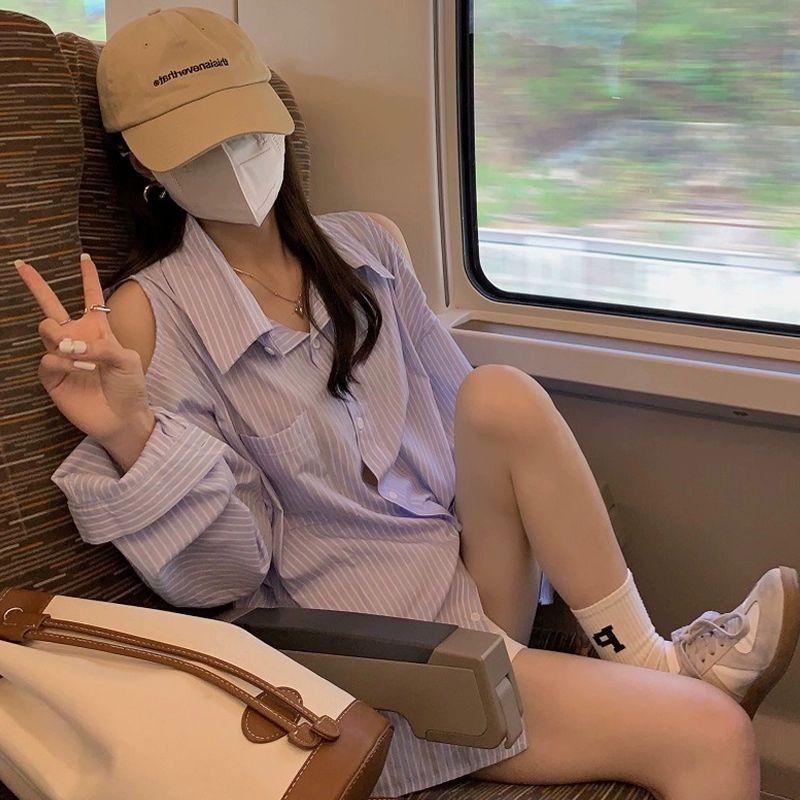 오프숄더 블라우스 스트라이프 반팔 러플 셔링 데일리룩 긴팔 프릴 트임 오픈카라 여성 퍼프 블루 S - 상세 이미지 5