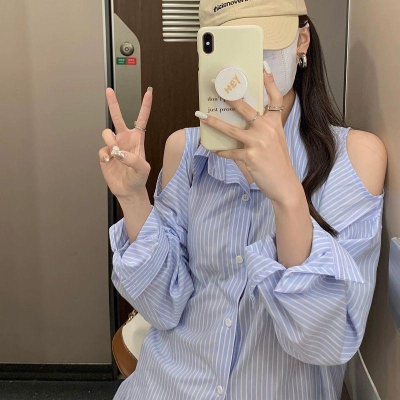 오프숄더 블라우스 스트라이프 반팔 러플 셔링 데일리룩 긴팔 프릴 트임 오픈카라 여성 퍼프 블루 S - 상세 이미지 4