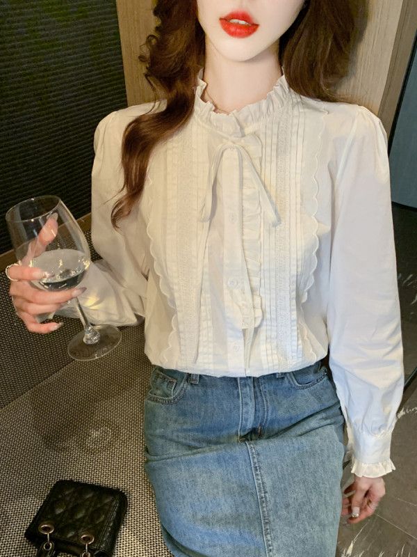 화이트 레이스 러플 셔츠 여성 가을 긴팔 블라우스 스타일리시한 오피스룩 데일리 코디 쉬폰 느낌의 세련된 디자인 - 상세 이미지 5