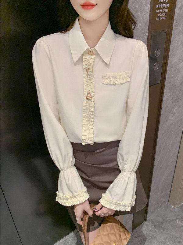 여성 쉬폰 셔츠 긴팔 슬림핏 프렌치 스타일 가을 블라우스 트럼펫 슬리브 디자인 데일리 룩 프로페셔널 코디용 - 상세 이미지 4