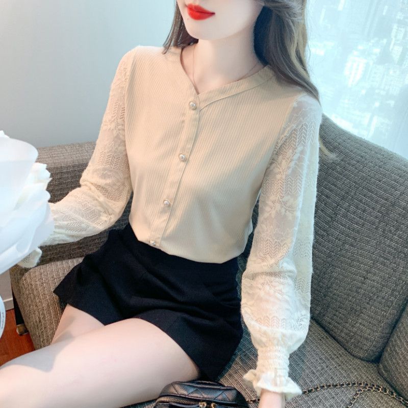 브이넥 레이스 쉬폰 블라우스 여성용 가을 긴팔 셔츠 스타일리시한 데일리룩 하객룩 유니크한 디자인 빈티지 감성 - 상세 이미지 5
