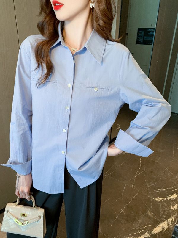여성 가을 긴팔 캐주얼 셔츠 블루 오버핏 스타일 출퇴근용 데일리 다용도 코튼 모던한 디자인 감각적인 착용감 - 상세 이미지 4