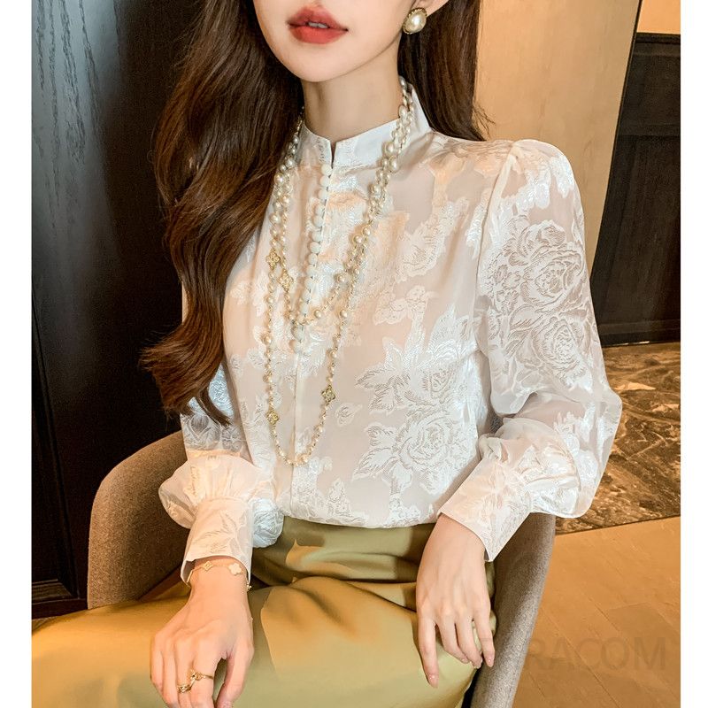 가을 여성 쉬폰 자카드 긴팔 블라우스 민족풍 디자인 고급스러운 캐주얼 상의 편안한 착용감 데일리룩 스타일링 - 상세 이미지 5