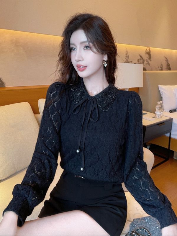 레이스 여성 블라우스 긴팔 인형 칼라 스타일 통근용 데일리 이너 셔츠 우아한 디자인 가을 패션 매치 스타일링 플레어 소매 - 상세 이미지 4