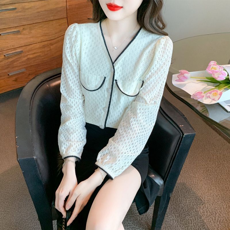 레이스 긴팔 블라우스 여성 가을 스타일리시한 셔츠 디자인 데일리 캐주얼 노카라 블라우스 편안한 착용감 시스루 무드로 우아한 코디 아이템 - 상품 이미지