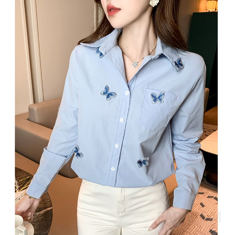 여성 가을 긴팔 루즈핏 캐주얼 셔츠 나비 디자인 니치 홍콩 스타일 코튼 상의 데일리 편안한 착용감 시크한 외출용 - 상세 이미지 5