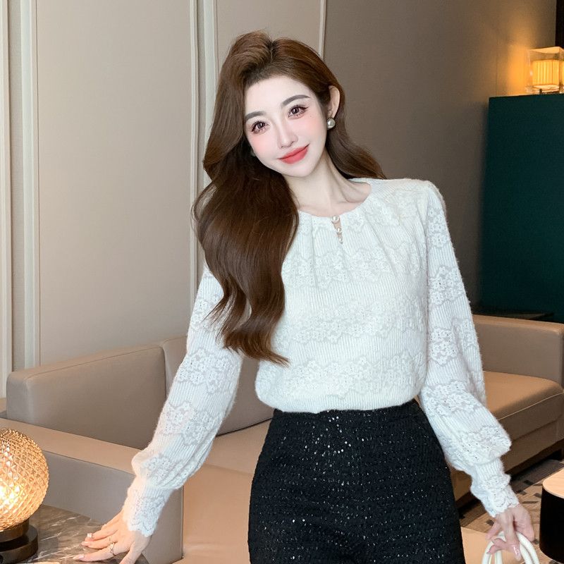 우아한 레이스 라운드넥 긴팔 블라우스 여성 가을 데일리 코디 쉬폰 디자인 감각적인 캐주얼 스타일 편안한 착용감 하객룩 플리츠 - 상품 이미지