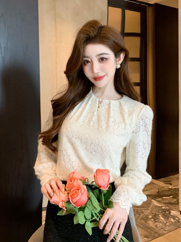 우아한 레이스 라운드넥 긴팔 블라우스 여성 가을 데일리 코디 쉬폰 디자인 감각적인 캐주얼 스타일 편안한 착용감 하객룩 플리츠 - 상세 이미지 2