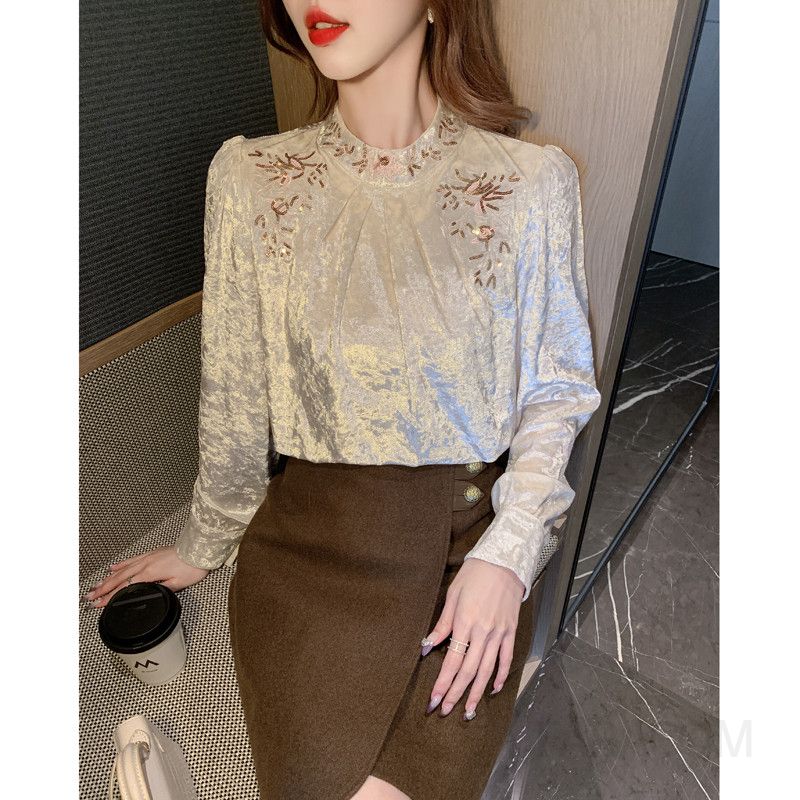 루즈핏 여성 봄 블라우스 고급 벨벳 소재 라운드넥 셔츠 스타일 편안한 착용감 데일리 패션 통근용 패셔너블한 디자인 - 상세 이미지 5