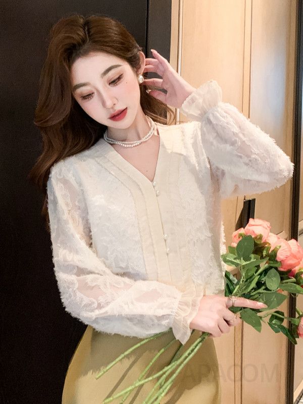 여성 가을 브이넥 쉬폰 블라우스 긴팔 프랑스 스타일 고급스러운 디자인 캐주얼 상의 데일리룩 하객룩 편안한 착용감 시크한 매력 - 상세 이미지 4