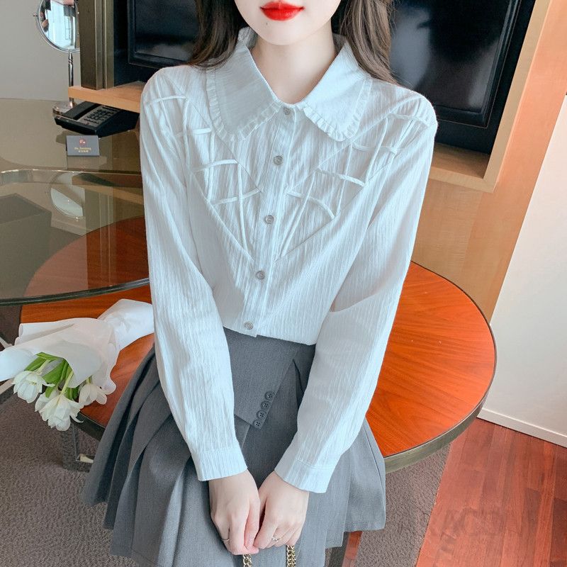 화이트 긴팔 블라우스 여성 가을 스타일리쉬 셔츠 디자인 루즈핏 라운드넥 캐주얼한 데일리 상의 편안한 착용감 모던한 분위기 프렌치 무드 - 상세 이미지 4