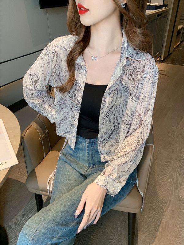 가을 여성 쉬폰 플라워 블라우스 여름용 숏 재킷 스타일 시원한 긴팔 셔츠 통근용 데일리 룩 패션 - 상세 이미지 2