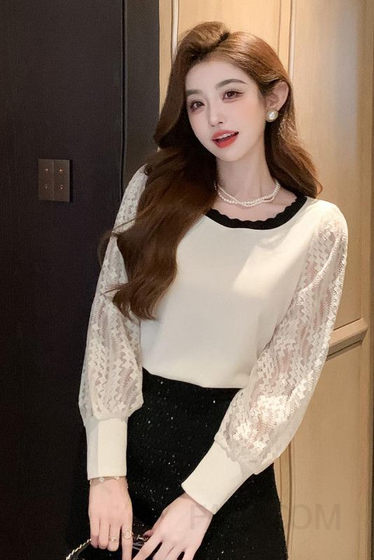 레이스 패치워크 여성 긴팔 티셔츠 가을 스타일 이너웨어 데일리 퍼프 슬리브 라운드넥 패션 캐주얼 모던한 디자인 편안한 착용감 이미지 6