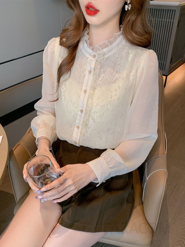 레이스 퍼프 슬리브 쉬폰 블라우스 여성용 가을 신상 우아한 디자인 데일리룩 매치 스타일링 결혼식 하객룩 추천 - 상세 이미지 2