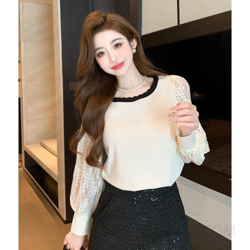 레이스 패치워크 여성 긴팔 티셔츠 가을 스타일 이너웨어 데일리 퍼프 슬리브 라운드넥 패션 캐주얼 모던한 디자인 편안한 착용감 - 상세 이미지 5