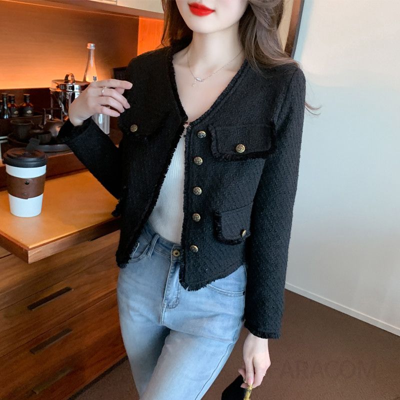 여성 숏 트위드 재킷 프렌치 스타일 가을 아우터 레트로 무드 긴팔 노카라 디자인 데일리 캐주얼 봄 활용도 높은 하객룩 - 상품 이미지