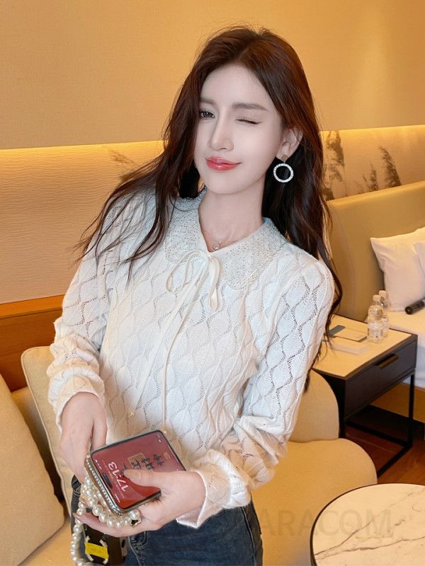 레이스 여성 블라우스 긴팔 인형 칼라 스타일 통근용 데일리 이너 셔츠 우아한 디자인 가을 패션 매치 스타일링 플레어 소매 - 상세 이미지 2