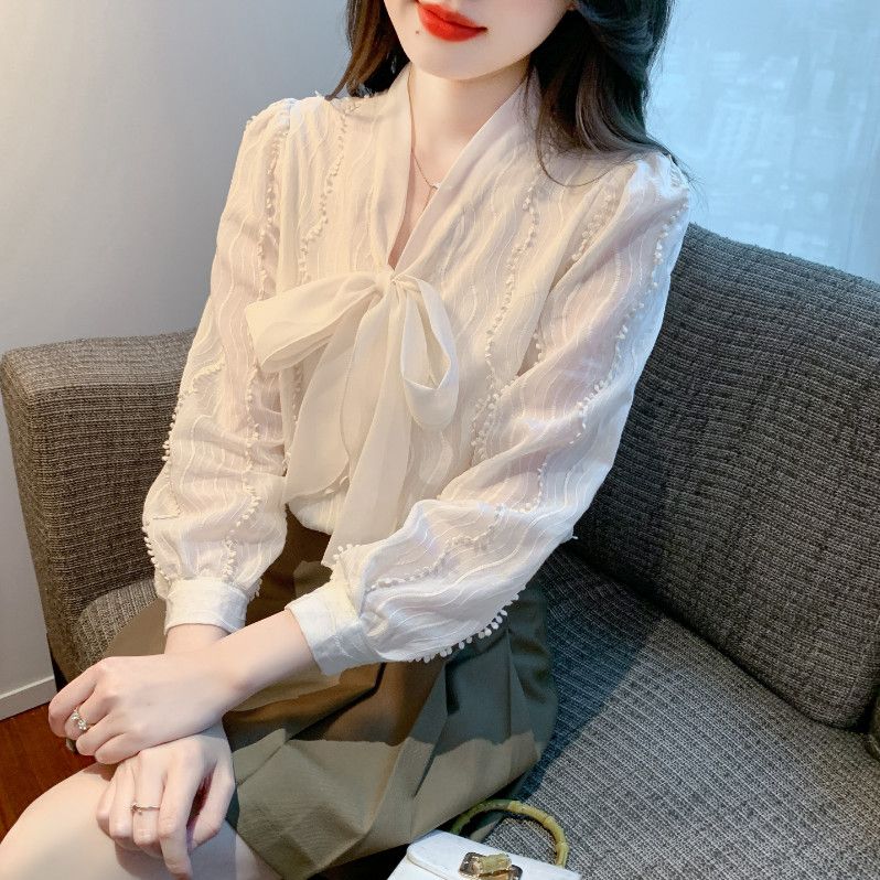 레이스 리본 쉬폰 긴팔 셔츠 여성용 가을 스타일 우아한 데일리 착용감 세련된 디자인 레이어드용 상의 - 상품 이미지