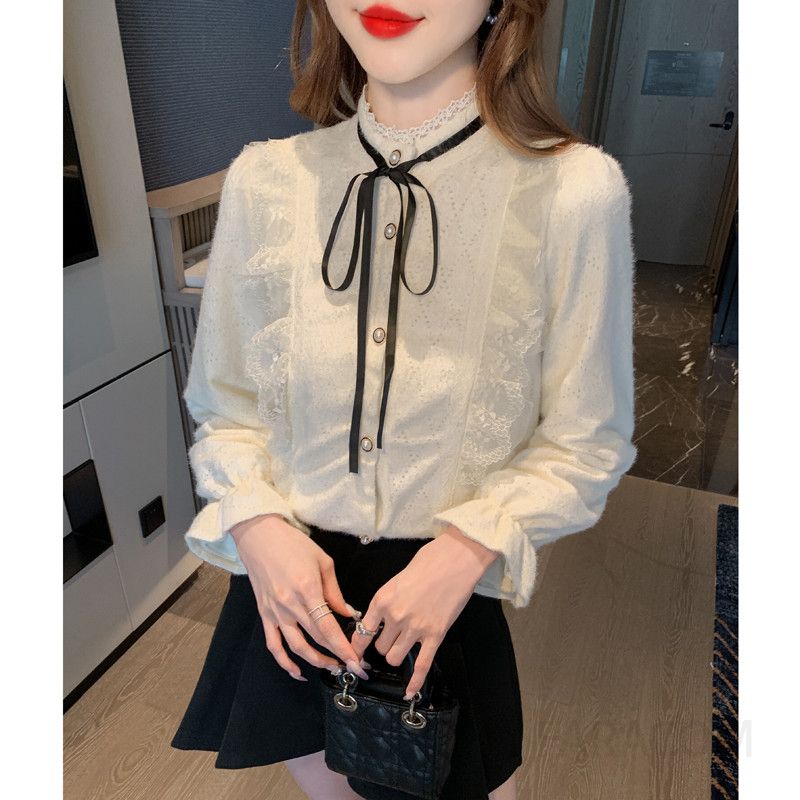 여성 긴팔 블라우스 봄 가을 프랑스 스타일 빈티지 우드 엣지 디자인 루즈핏 캐주얼 라운드넥 플리츠 쉬폰 편안한 착용감 데일리룩 - 상세 이미지 5