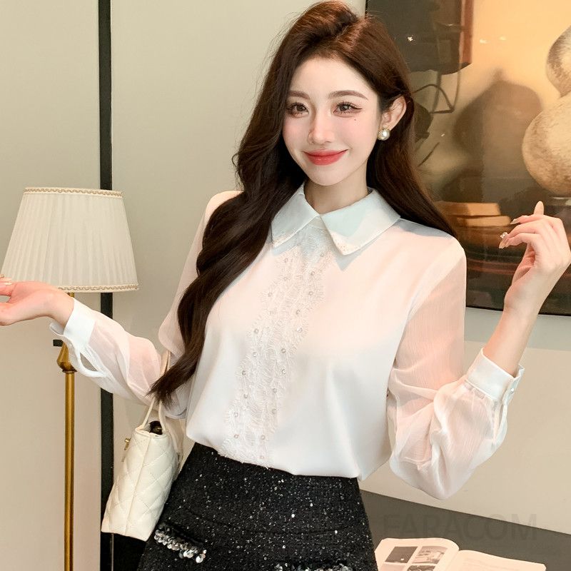 레이스 쉬폰 블라우스 긴팔 여성 가을 스타일 우아한 이너 상의 데일리 캐주얼 착용감 좋은 레이어드용 셔츠 - 상세 이미지 3
