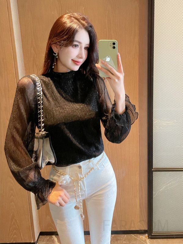여성 쉬폰 블라우스 긴팔 슬림핏 우아한 스타일 가을 신상 데일리룩 시스루 디자인 매력적인 코디용 - 상세 이미지 5