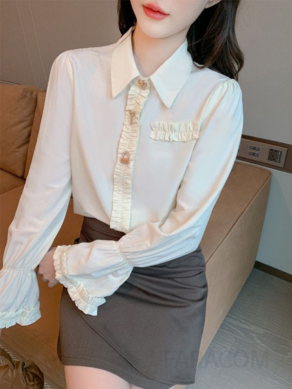 여성 쉬폰 셔츠 긴팔 슬림핏 프렌치 스타일 가을 블라우스 트럼펫 슬리브 디자인 데일리 룩 프로페셔널 코디용 - 상세 이미지 3