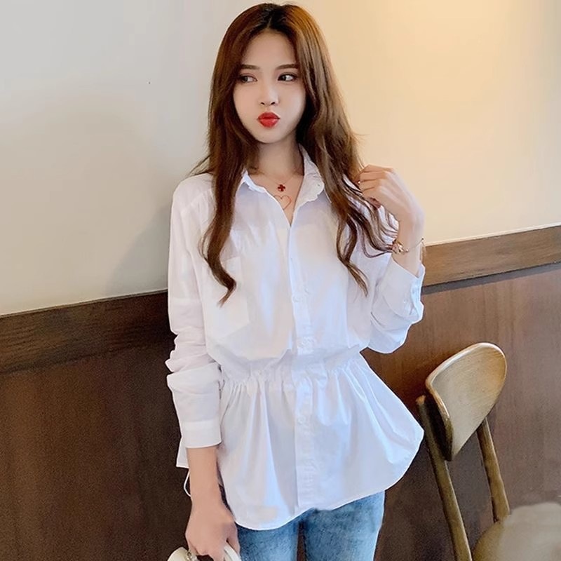 간절기 여성 심플 화이트 셔츠 블라우스 허리 셔링 데일리 오피스룩 - 상세 이미지 3