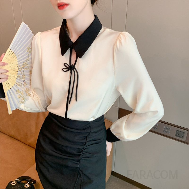 여성 긴팔 새틴 셔츠 가을용 폴로 칼라 스타일 통근용 캐주얼 올매치 탑 구김없는 편안한 착용감 스타일리시한 데일리 - 상세 이미지 2
