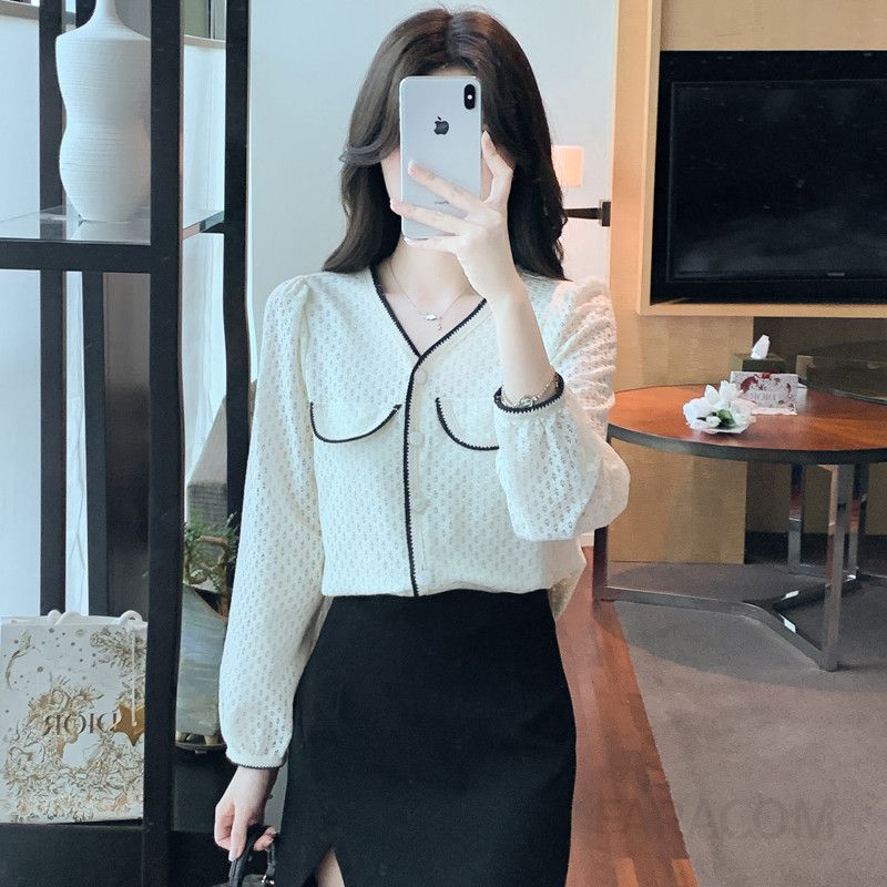 레이스 긴팔 블라우스 여성 가을 스타일리시한 셔츠 디자인 데일리 캐주얼 노카라 블라우스 편안한 착용감 시스루 무드로 우아한 코디 아이템 - 상세 이미지 5