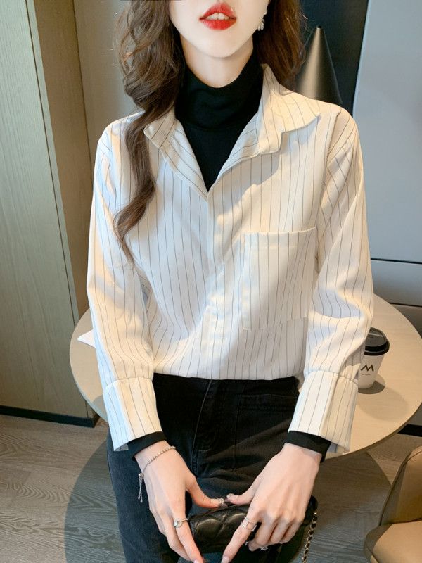 여성 스트라이프 긴팔 셔츠 봄 가을용 오버핏 스타일 데일리 캐주얼한 코튼 소재 구김없는 편안한 착용감 전문가용 통근 - 상세 이미지 3