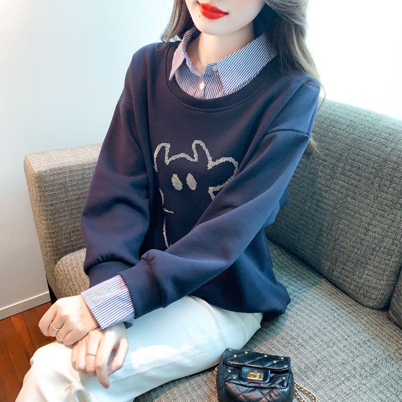 여성 긴팔 스플라이싱 티셔츠 가을 스타일 루즈핏 데일리 룩 레이어드 코디 칼라로 멋스러운 패션 아이템 편안한 착용감 트렌디한 디자인 - 상품 이미지