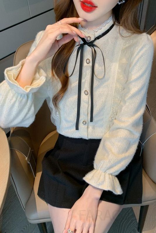 여성 긴팔 블라우스 봄 가을 프랑스 스타일 빈티지 우드 엣지 디자인 루즈핏 캐주얼 라운드넥 플리츠 쉬폰 편안한 착용감 데일리룩 이미지 6